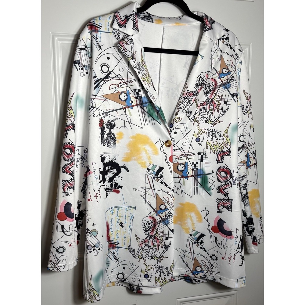 Vtg POP ART Graffiti Rock XL Blazer Jacket Skeleton Science Lab Halloween Y2K
